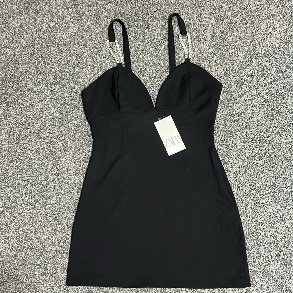 Zara Mini Black Dress with Sparkly Gem Straps Size Large NWT
